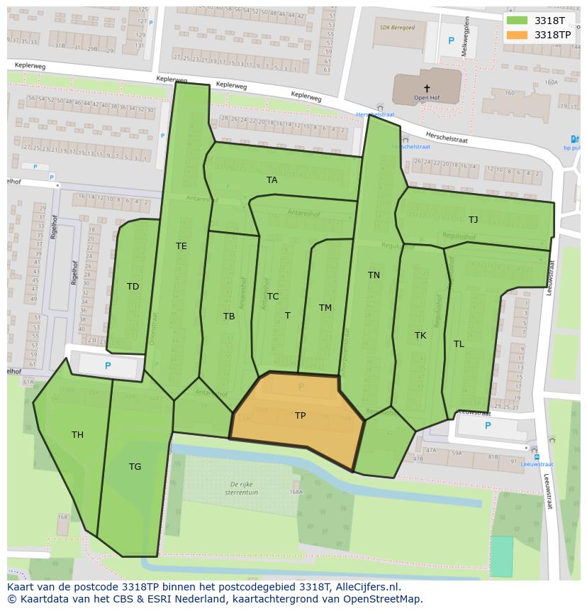Afbeelding van het postcodegebied 3318 TP op de kaart.