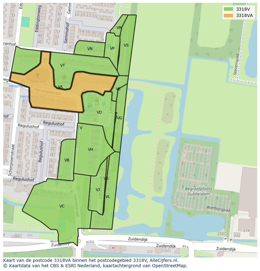 Afbeelding van het postcodegebied 3318 VA op de kaart.