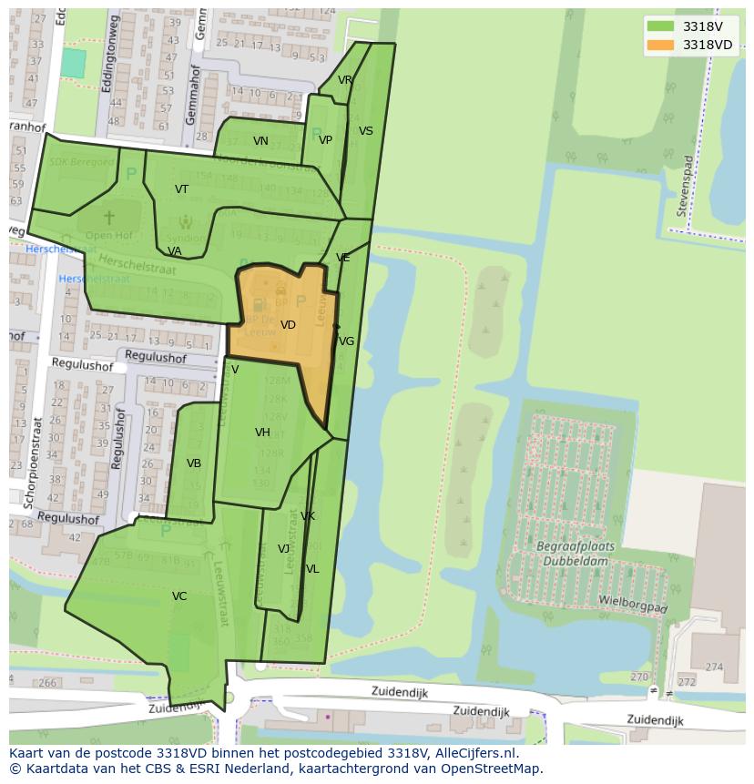 Afbeelding van het postcodegebied 3318 VD op de kaart.