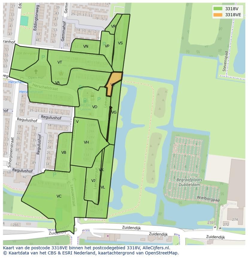 Afbeelding van het postcodegebied 3318 VE op de kaart.