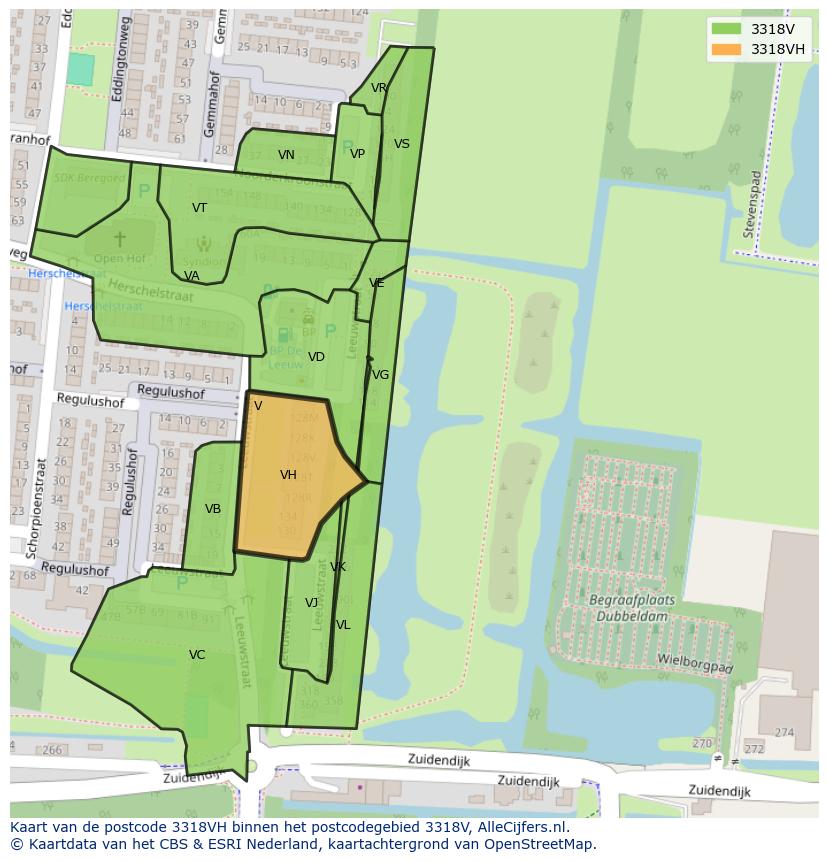 Afbeelding van het postcodegebied 3318 VH op de kaart.
