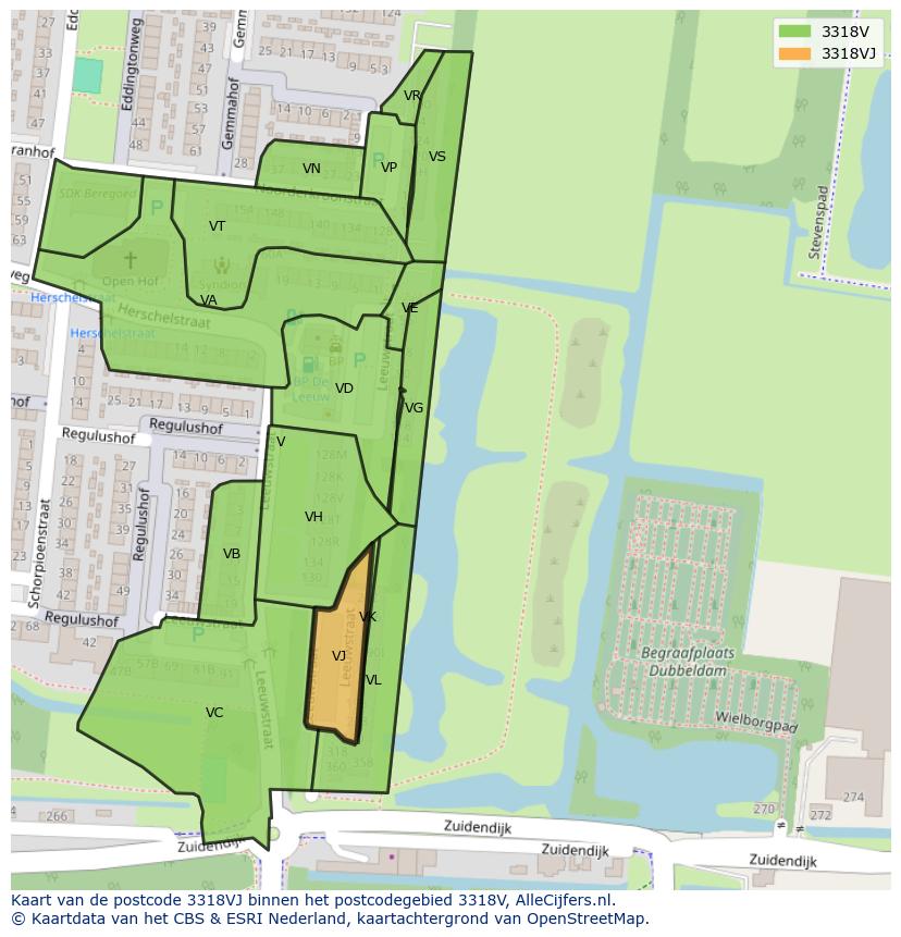 Afbeelding van het postcodegebied 3318 VJ op de kaart.