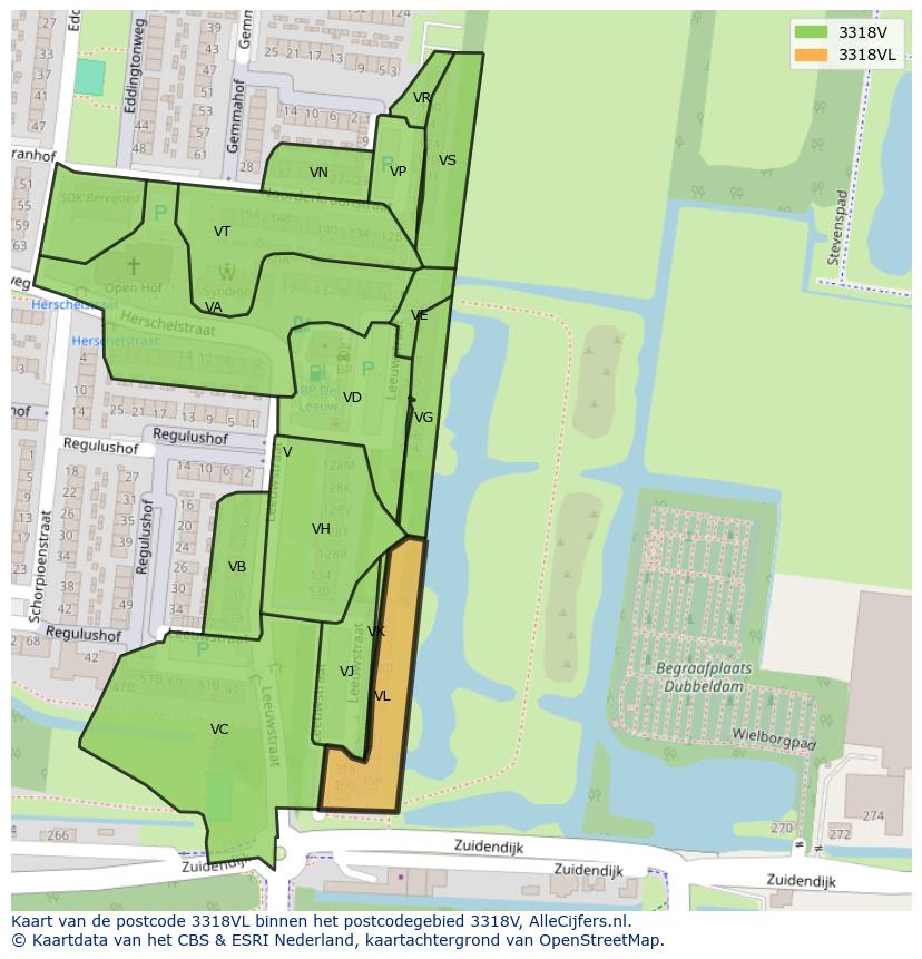 Afbeelding van het postcodegebied 3318 VL op de kaart.