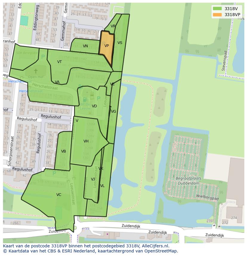 Afbeelding van het postcodegebied 3318 VP op de kaart.