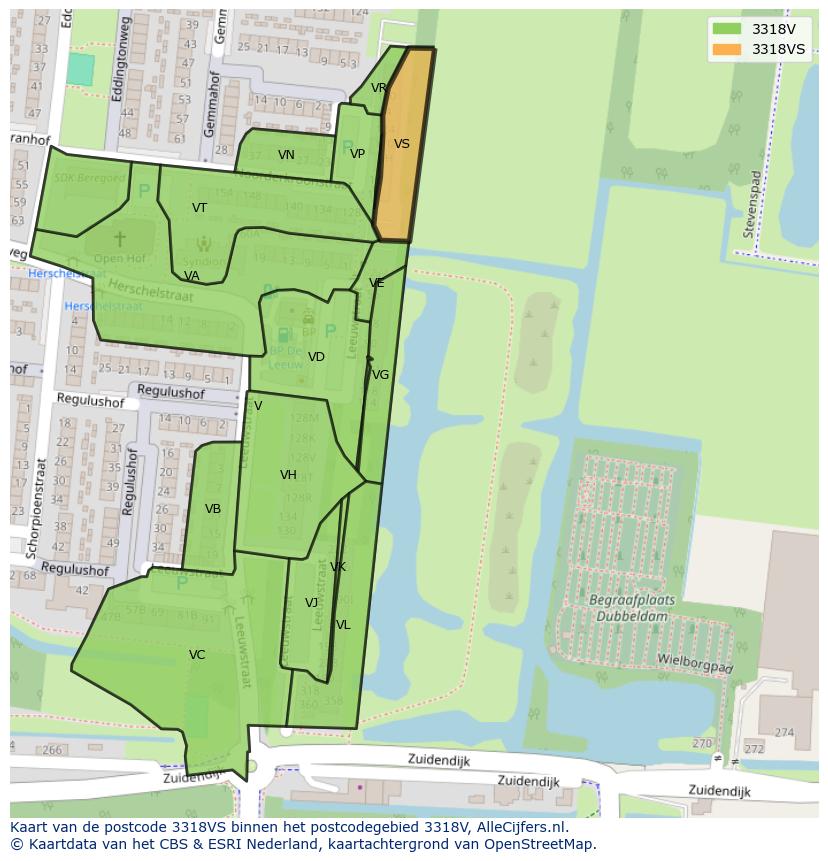 Afbeelding van het postcodegebied 3318 VS op de kaart.