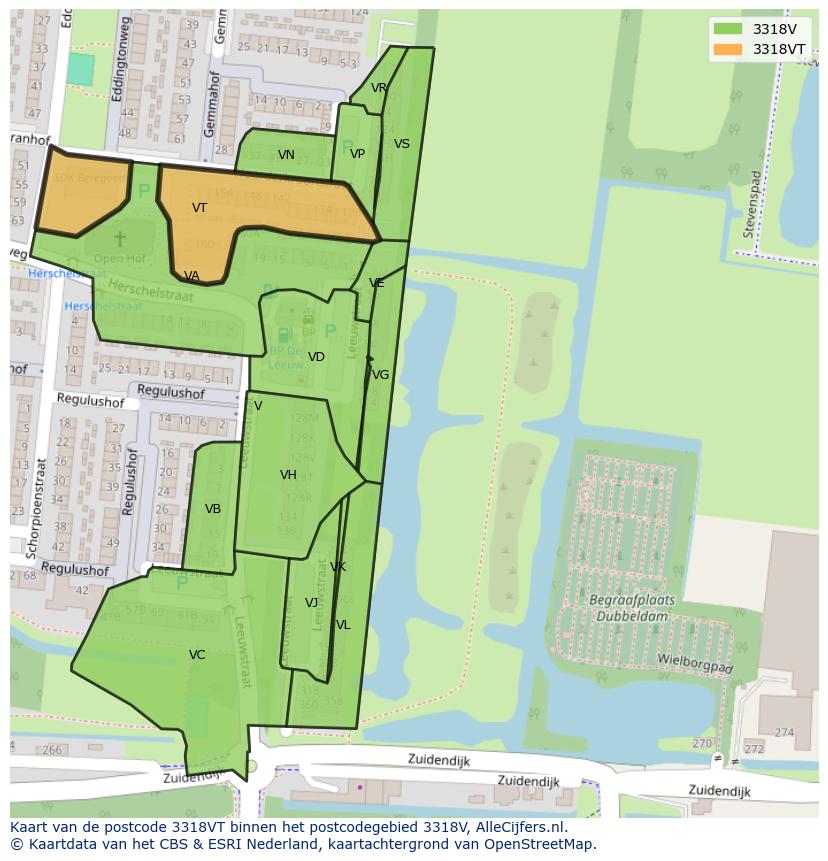 Afbeelding van het postcodegebied 3318 VT op de kaart.