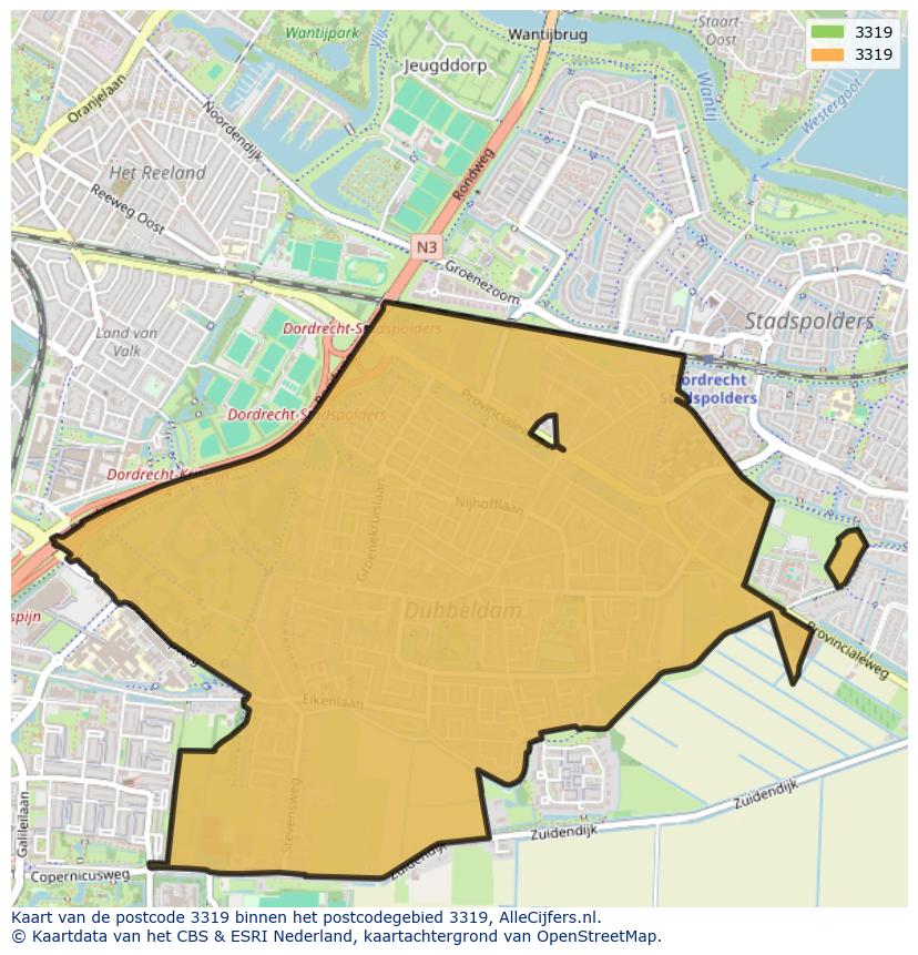 Afbeelding van het postcodegebied 3319 op de kaart.