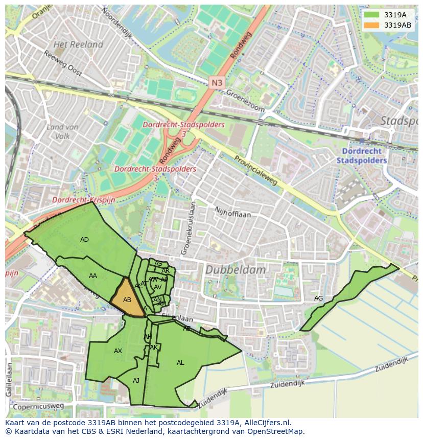 Afbeelding van het postcodegebied 3319 AB op de kaart.