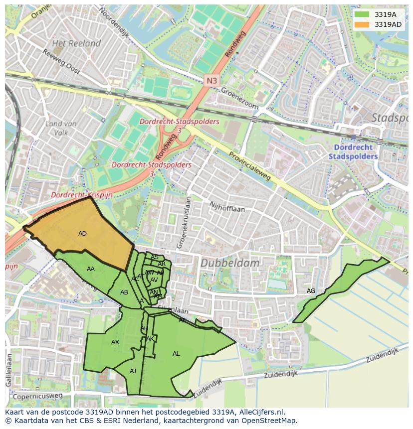 Afbeelding van het postcodegebied 3319 AD op de kaart.