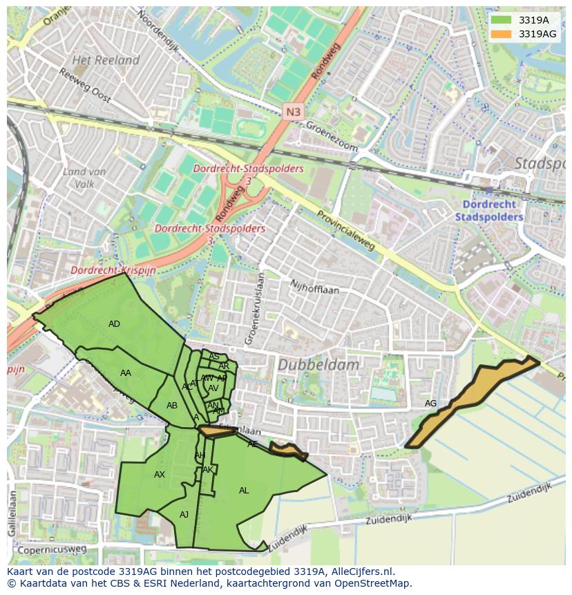 Afbeelding van het postcodegebied 3319 AG op de kaart.