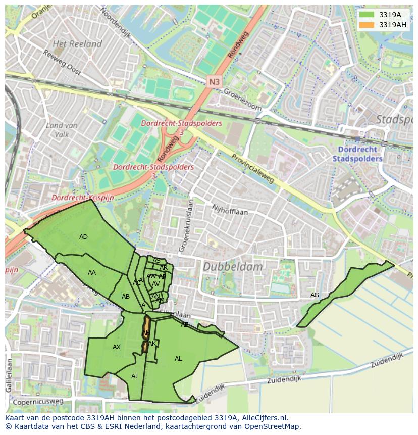Afbeelding van het postcodegebied 3319 AH op de kaart.