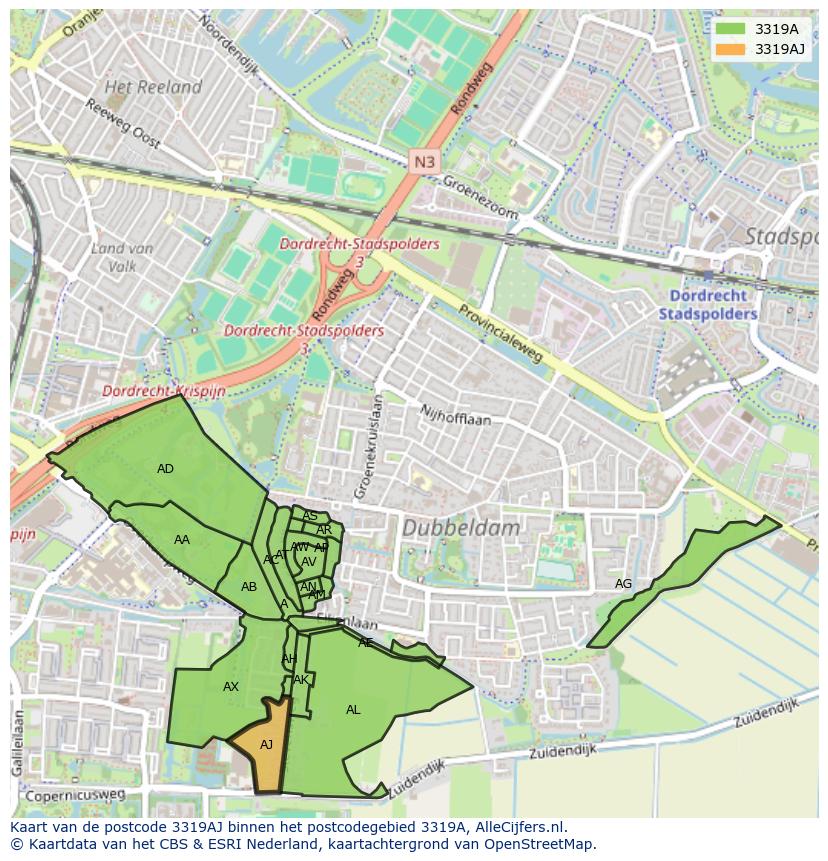 Afbeelding van het postcodegebied 3319 AJ op de kaart.