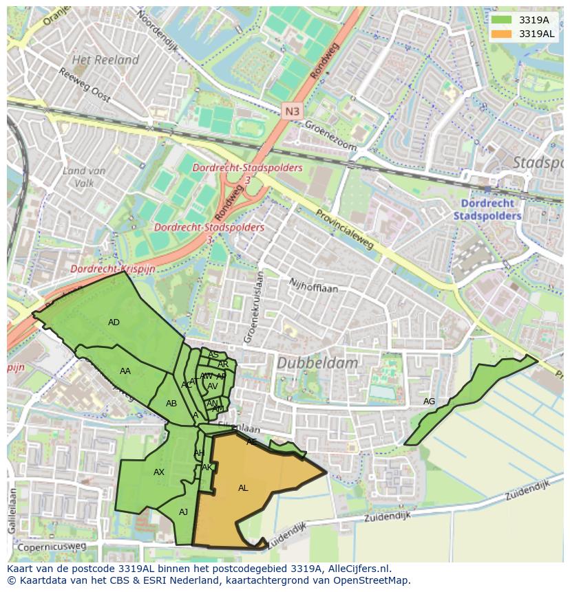 Afbeelding van het postcodegebied 3319 AL op de kaart.