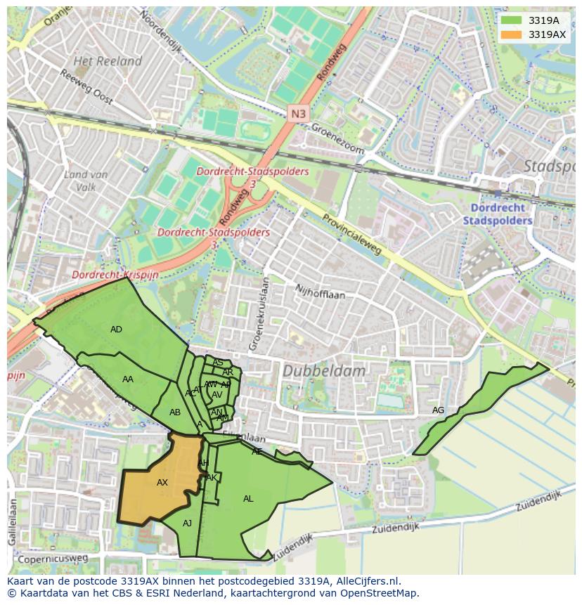 Afbeelding van het postcodegebied 3319 AX op de kaart.