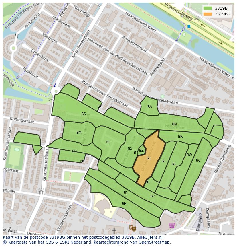 Afbeelding van het postcodegebied 3319 BG op de kaart.