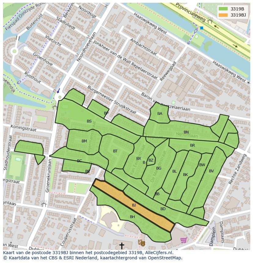 Afbeelding van het postcodegebied 3319 BJ op de kaart.