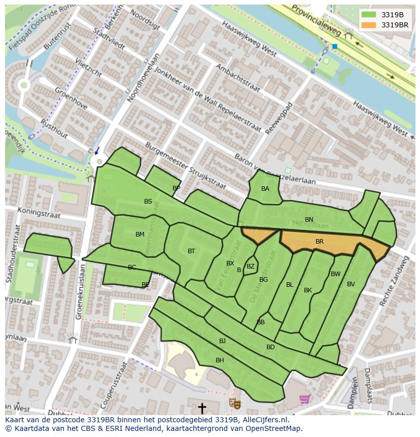 Afbeelding van het postcodegebied 3319 BR op de kaart.
