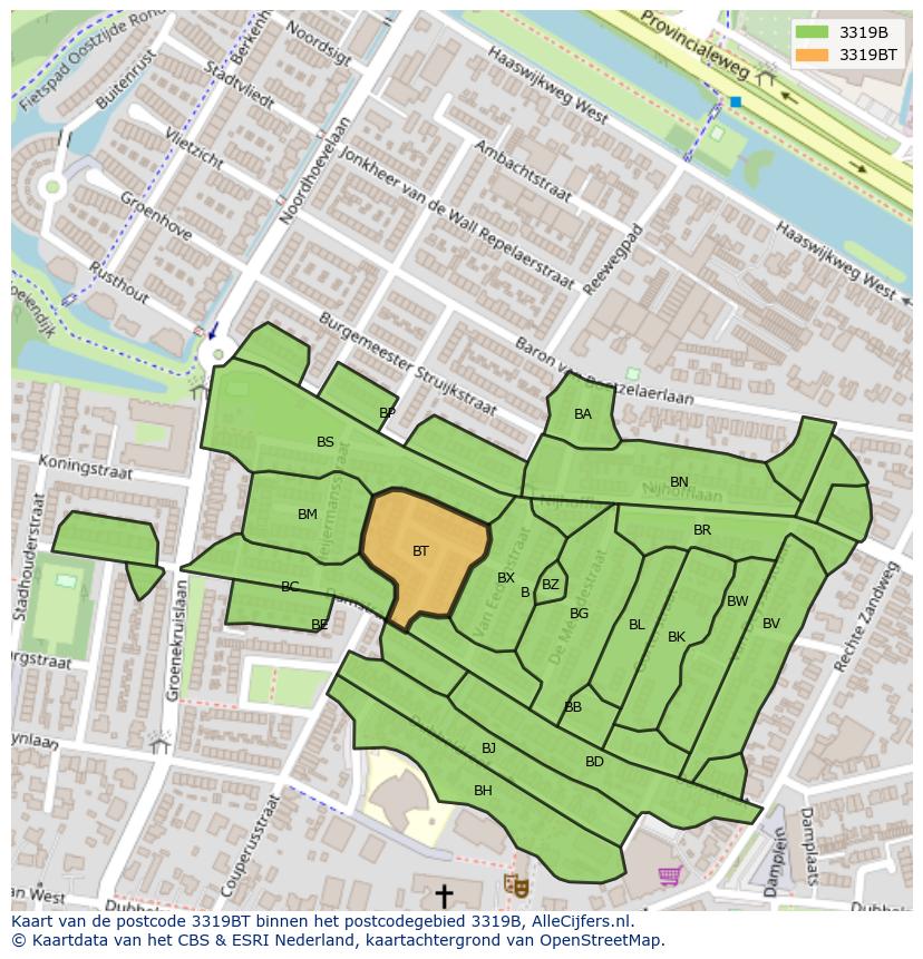Afbeelding van het postcodegebied 3319 BT op de kaart.