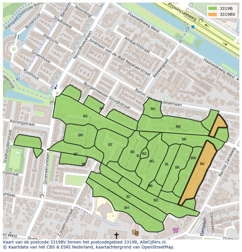 Afbeelding van het postcodegebied 3319 BV op de kaart.