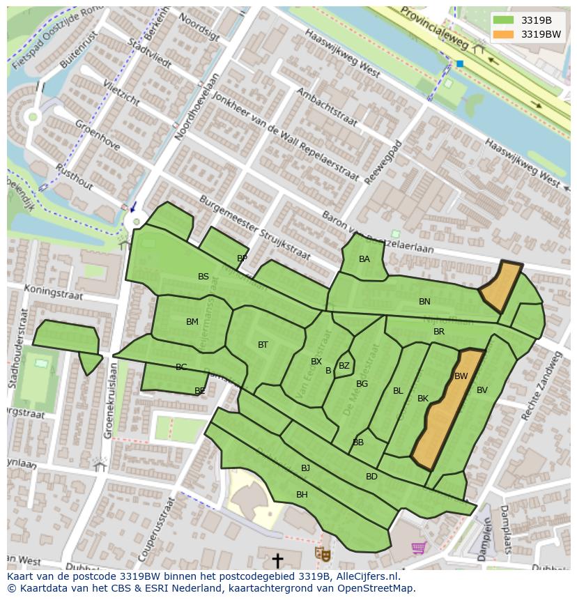 Afbeelding van het postcodegebied 3319 BW op de kaart.
