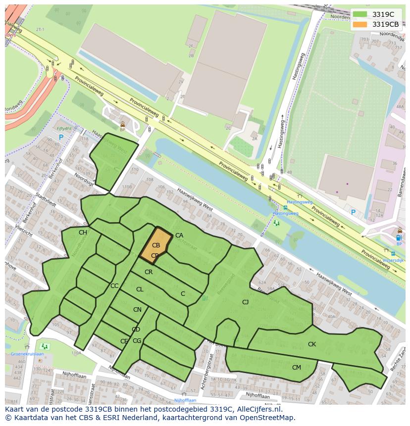 Afbeelding van het postcodegebied 3319 CB op de kaart.