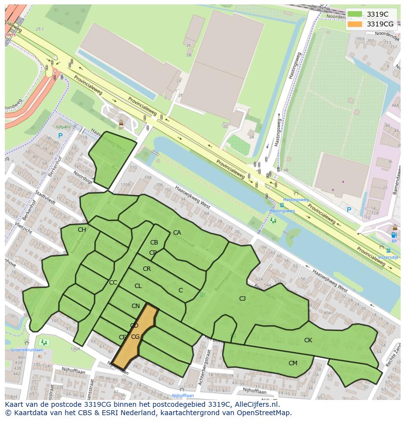 Afbeelding van het postcodegebied 3319 CG op de kaart.