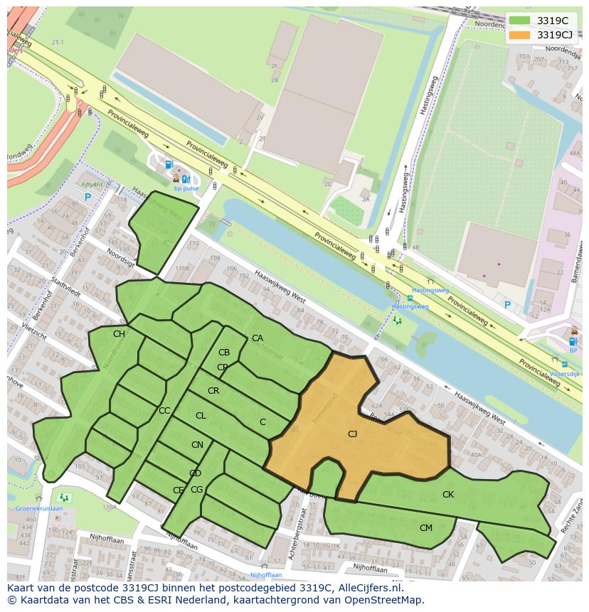 Afbeelding van het postcodegebied 3319 CJ op de kaart.
