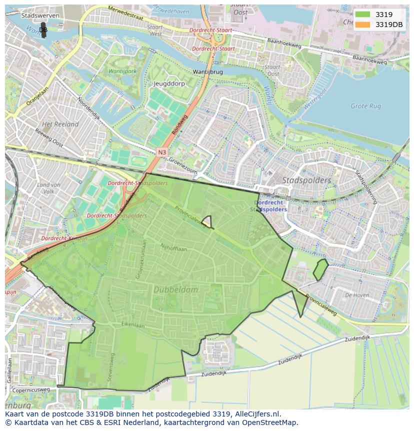 Afbeelding van het postcodegebied 3319 DB op de kaart.