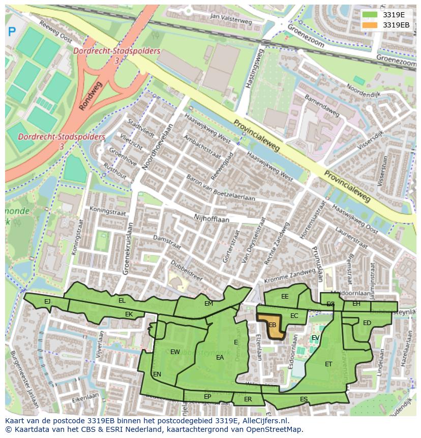 Afbeelding van het postcodegebied 3319 EB op de kaart.