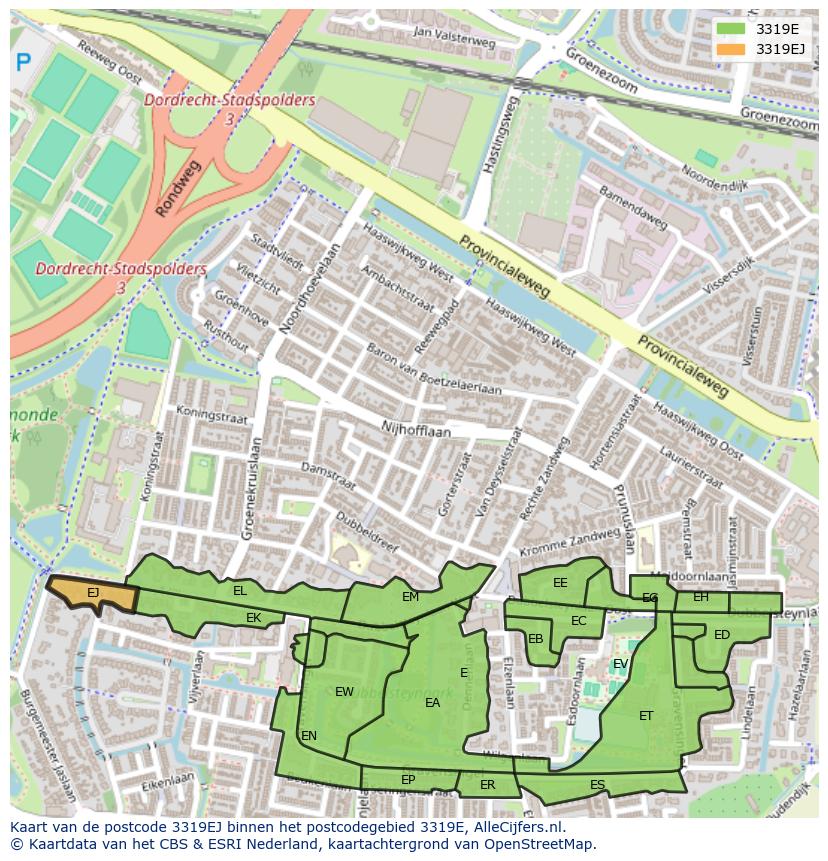 Afbeelding van het postcodegebied 3319 EJ op de kaart.