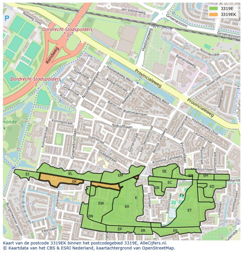 Afbeelding van het postcodegebied 3319 EK op de kaart.