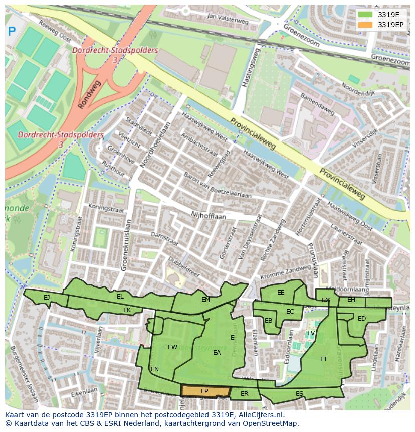 Afbeelding van het postcodegebied 3319 EP op de kaart.