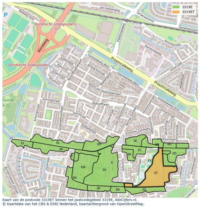 Afbeelding van het postcodegebied 3319 ET op de kaart.