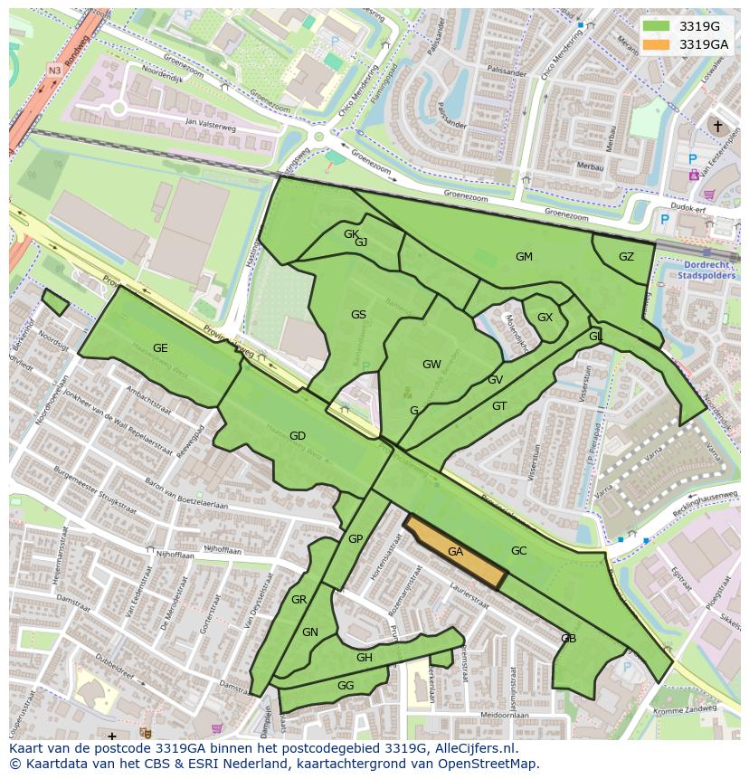 Afbeelding van het postcodegebied 3319 GA op de kaart.