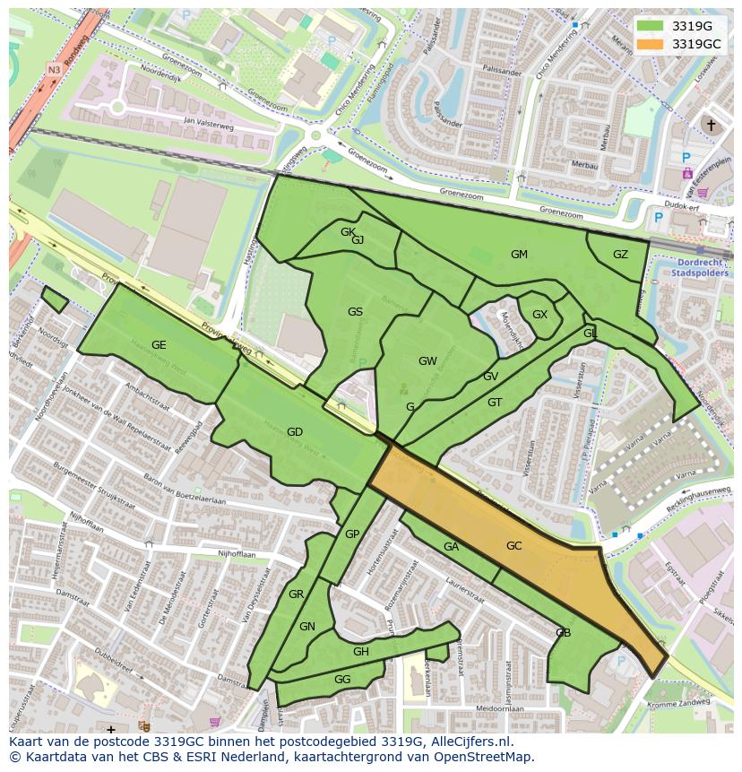 Afbeelding van het postcodegebied 3319 GC op de kaart.