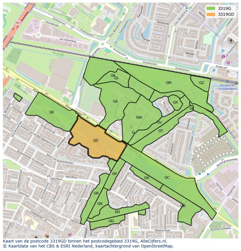 Afbeelding van het postcodegebied 3319 GD op de kaart.
