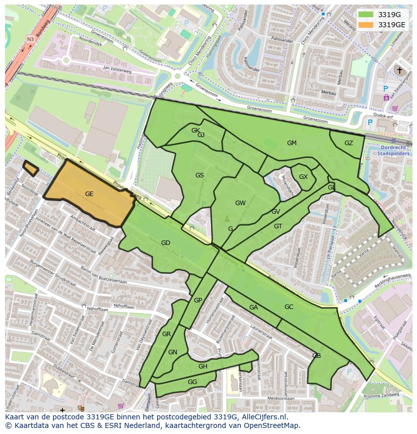 Afbeelding van het postcodegebied 3319 GE op de kaart.