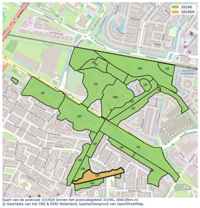 Afbeelding van het postcodegebied 3319 GH op de kaart.