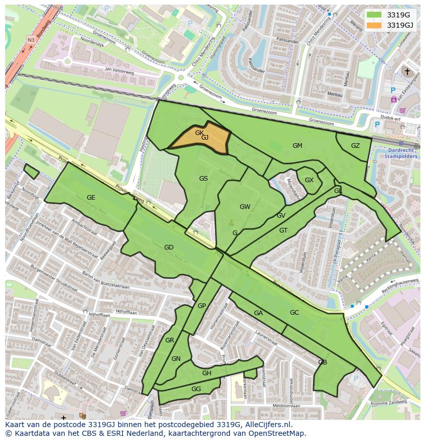 Afbeelding van het postcodegebied 3319 GJ op de kaart.