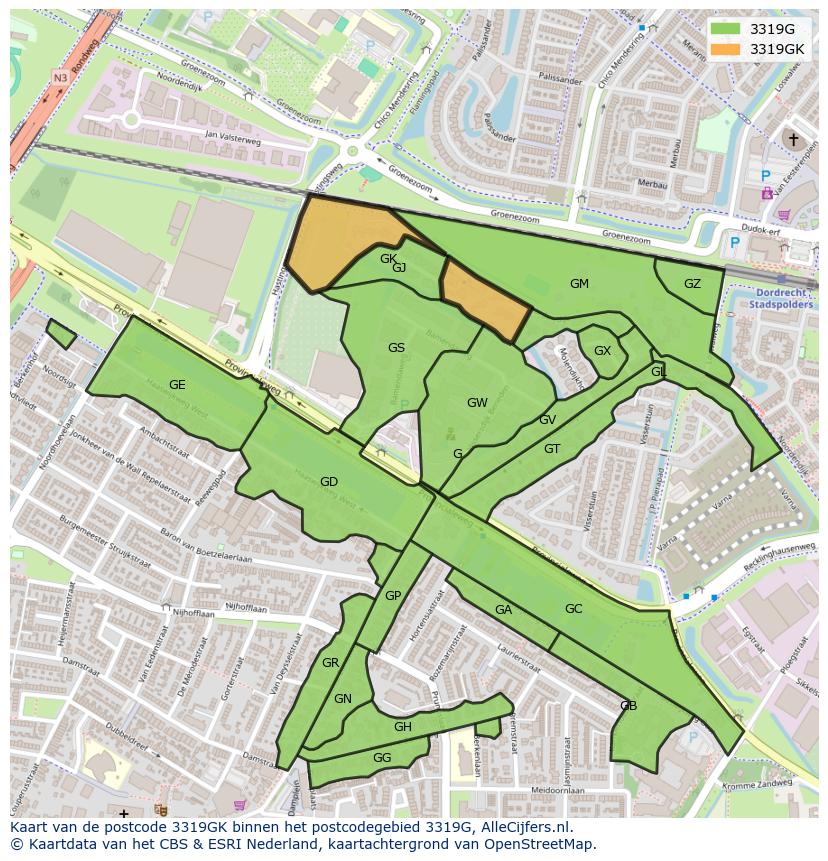 Afbeelding van het postcodegebied 3319 GK op de kaart.