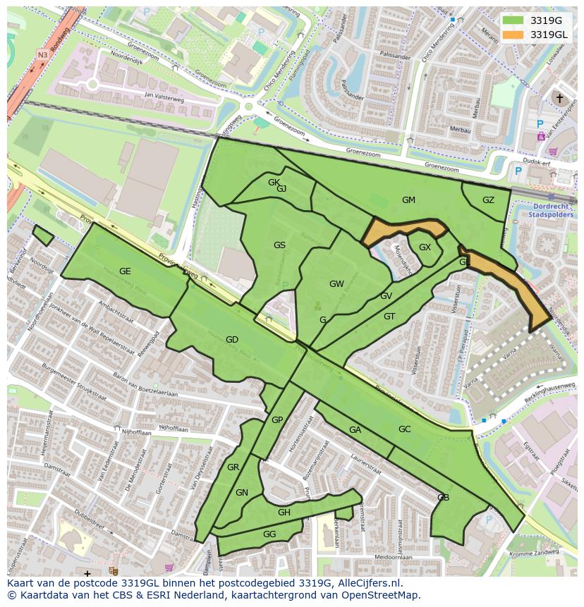 Afbeelding van het postcodegebied 3319 GL op de kaart.