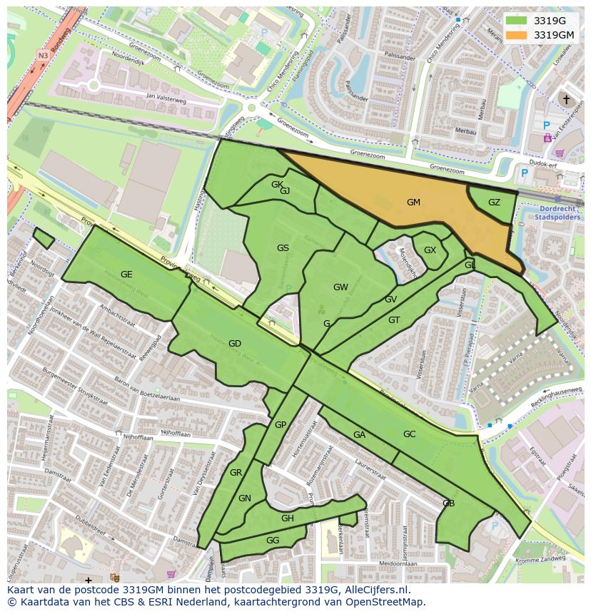 Afbeelding van het postcodegebied 3319 GM op de kaart.