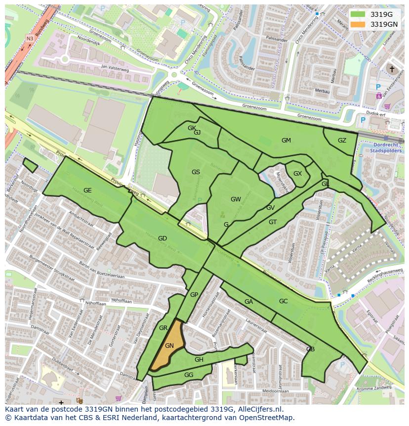 Afbeelding van het postcodegebied 3319 GN op de kaart.