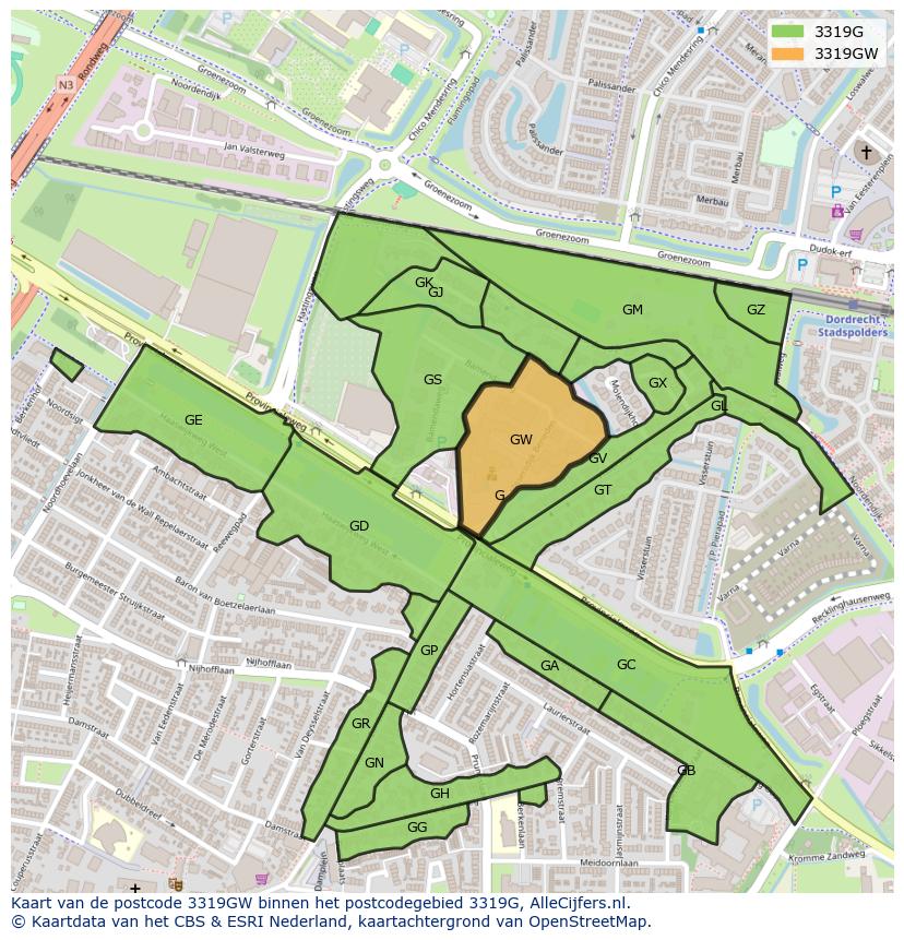 Afbeelding van het postcodegebied 3319 GW op de kaart.
