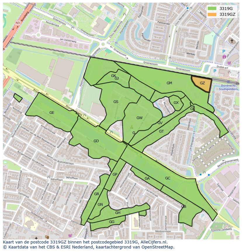 Afbeelding van het postcodegebied 3319 GZ op de kaart.