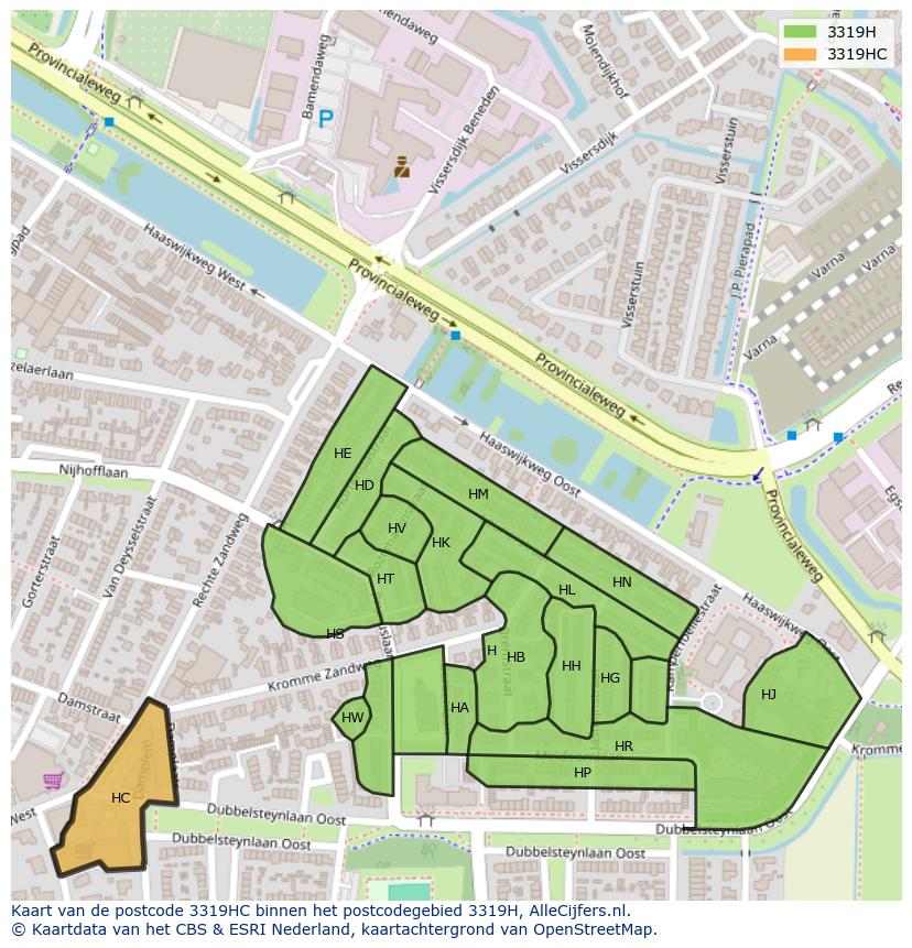 Afbeelding van het postcodegebied 3319 HC op de kaart.