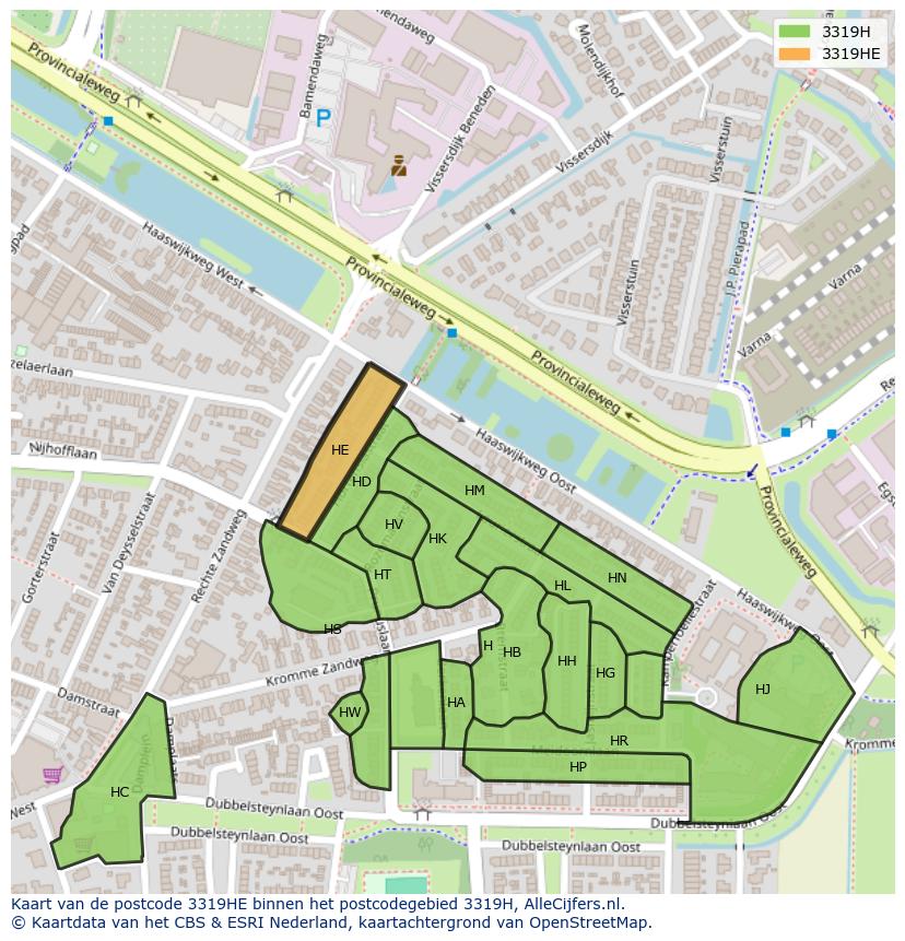 Afbeelding van het postcodegebied 3319 HE op de kaart.