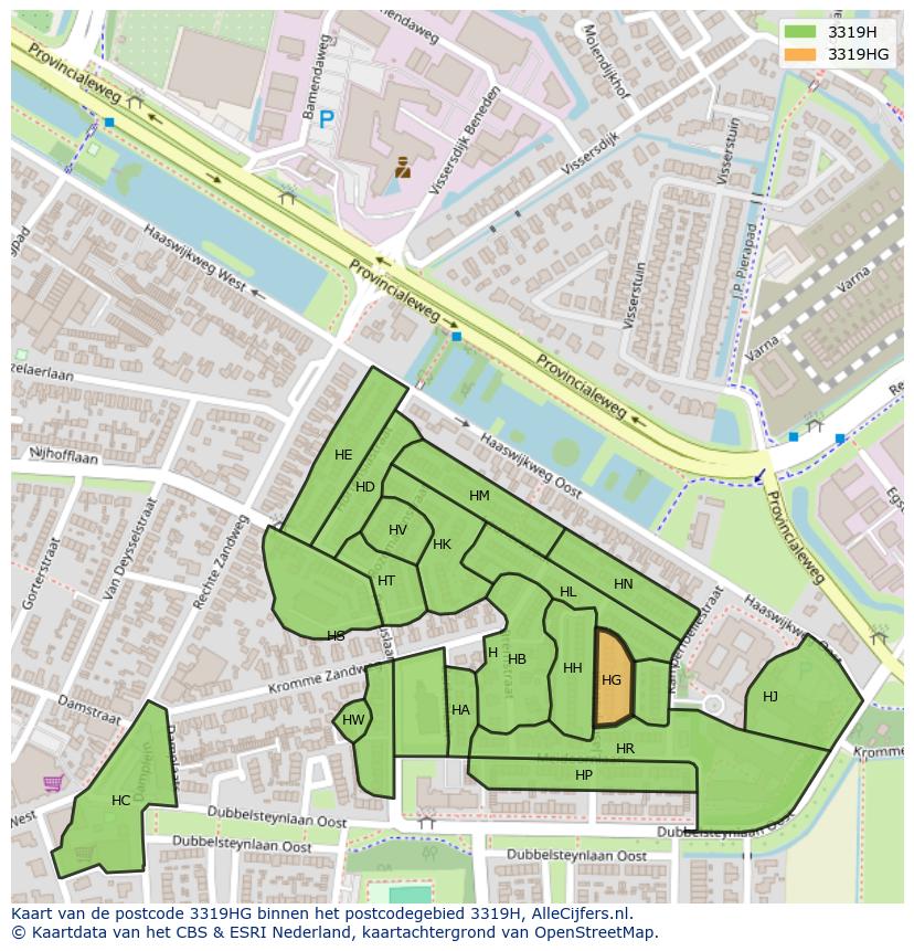 Afbeelding van het postcodegebied 3319 HG op de kaart.