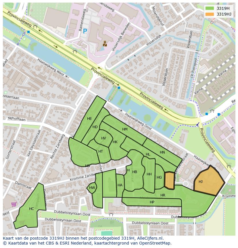 Afbeelding van het postcodegebied 3319 HJ op de kaart.