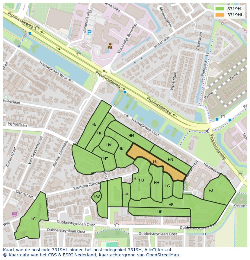 Afbeelding van het postcodegebied 3319 HL op de kaart.